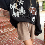 Black Football Game Day Patchwork Long Sleeve Crewneck Top