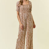 WIDE LEG SMOCKED PUFF SLEEVE JUMPSUIT