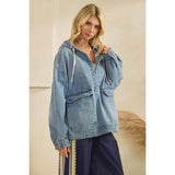 Med Wash Hooded Quarterzip Denim Jacket