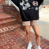 Black Football Game Day Patchwork Long Sleeve Crewneck Top