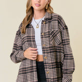 Plaid Front Button-Down Shacket W/ Patch Pocket