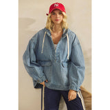 Med Wash Hooded Quarterzip Denim Jacket