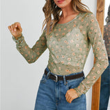 Vintage Floral Print Mesh Long Sleeve Top