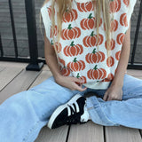 Pumpkin Print Sleevless Sweater Knit Top