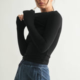 Black Long-Sleeved Micro-Ribbed Top