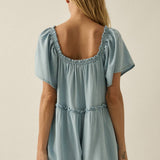 Tencel Denim Half-Button Flutter-Sleeve Babydoll Romper