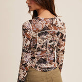 Floral Patchwork Mesh Long-Sleeve Layering Top