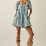 Tencel Denim Half-Button Flutter-Sleeve Babydoll Romper