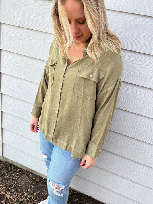 Olive Frayed Button Down