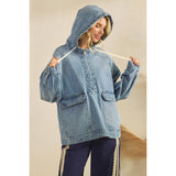 Med Wash Hooded Quarterzip Denim Jacket