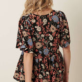 FLOWER PRINT V-NECK BABY DOLL KNIT BLOUSE