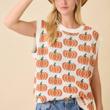 Pumpkin Print Sleevless Sweater Knit Top