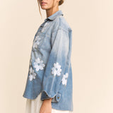 Flower Embroidered Button Front Wash Denim Shirt