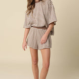 Brown Lena Striped Elastic-Waist Shorts