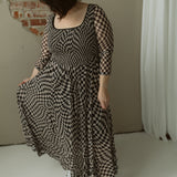 Printed Checker Mesh Flowy Dress