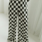 High Waist Checkered Straight Leg Knit Pants