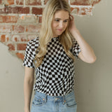 Checkered Print Mock Neck Mesh T Shirt