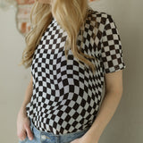 Checkered Print Mock Neck Mesh T Shirt