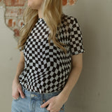 Checkered Print Mock Neck Mesh T Shirt