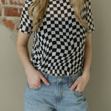 Checkered Print Mock Neck Mesh T Shirt