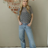 Checkered Print Mock Neck Mesh T Shirt