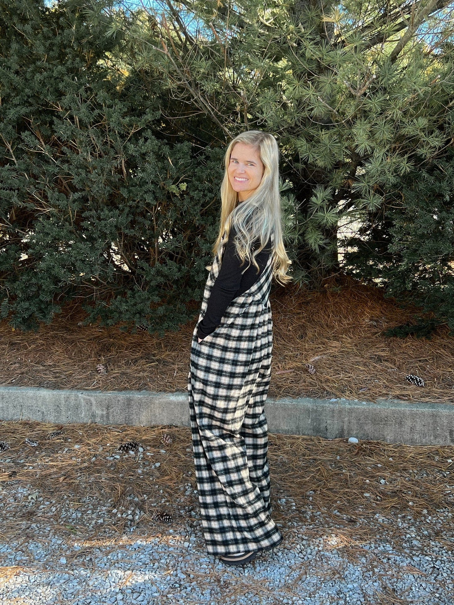 Brushed Plaid Wide Leg Overall