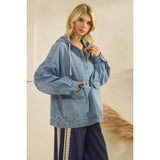 Med Wash Hooded Quarterzip Denim Jacket