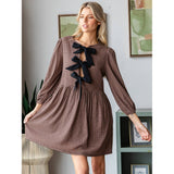 Brown Print Woven Ribbon Tie Short Dress