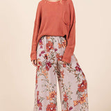 FLOWER PRINT ELASTIC WAIST MID RISE WIDE LEG PANTS