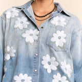 Flower Embroidered Button Front Wash Denim Shirt