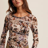 Floral Patchwork Mesh Long-Sleeve Layering Top