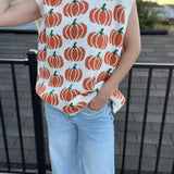 Pumpkin Print Sleevless Sweater Knit Top