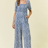 WIDE LEG SMOCKED PUFF SLEEVE JUMPSUIT