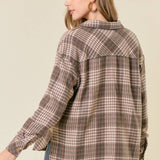 Plaid Front Button-Down Shacket W/ Patch Pocket