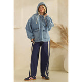 Med Wash Hooded Quarterzip Denim Jacket