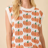 Pumpkin Print Sleevless Sweater Knit Top