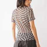 Checker Board Printed Mesh Short Sleeve Top