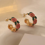 Vintage Enamel Camellia Flower Hoop Earrings in Solid Copper