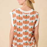 Pumpkin Print Sleevless Sweater Knit Top