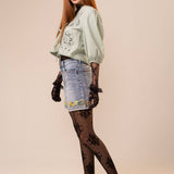Light Wash High Rise Cuffed Embroidered Denim Shorts