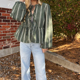 Corduroy Long Sleeve Bow Tie Front Peplum Blouse