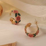 Vintage Enamel Camellia Flower Hoop Earrings in Solid Copper