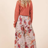 FLOWER PRINT ELASTIC WAIST MID RISE WIDE LEG PANTS
