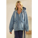 Med Wash Hooded Quarterzip Denim Jacket