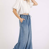 WASHED DENIM ELASTIC BUTTON FLY WIDE LEG PANTS