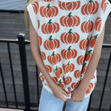 Pumpkin Print Sleevless Sweater Knit Top
