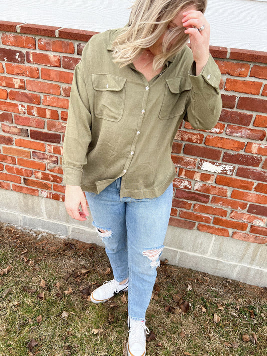 Olive Frayed Button Down