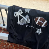 Black Football Game Day Patchwork Long Sleeve Crewneck Top