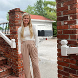 Tan Smocked Ribbed Wide Leg Pants