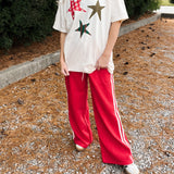 LACE STRIPED ELASTIC WAIST TERRY SWEATPANTS